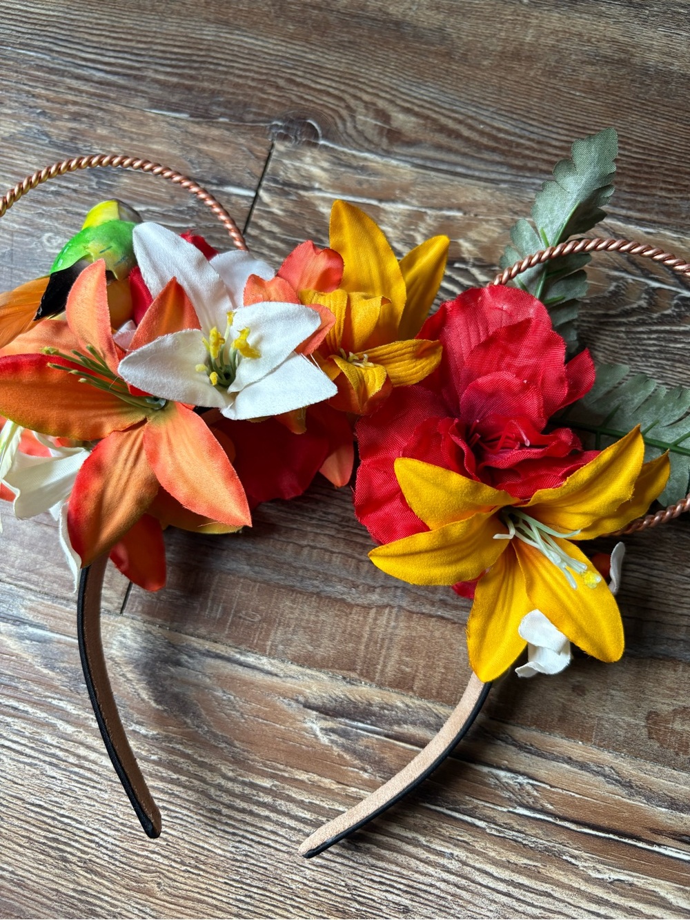 Disney Red & Orange Floral Tropical Enchanted Tiki Room Bird Mouse Ear Headband - Picture 5 of 6